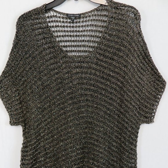 EILEEN FISHER Shades of Brown Shimmer OverSized Crochet Cap-Sleeve Sequin Topper - Picture 5 of 10